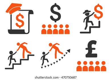 Financial Education vector icons. Pictogram style is bicolor orange and gray flat icons with rounded angles on a white background.