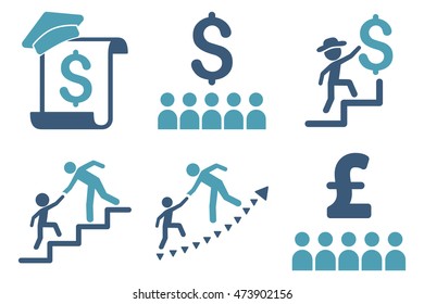 Financial Education Vector Icons. Pictogram Style Is Bicolor Cyan And Blue Flat Icons With Rounded Angles On A White Background.