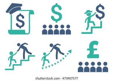 Financial Education vector icons. Pictogram style is bicolor cobalt and cyan flat icons with rounded angles on a white background.