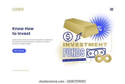 Financial education vector web template. Online Investment creative concept website banner. Finance and money knowledge 3D render style golden brick and infinity sign illustration header. Isolated
