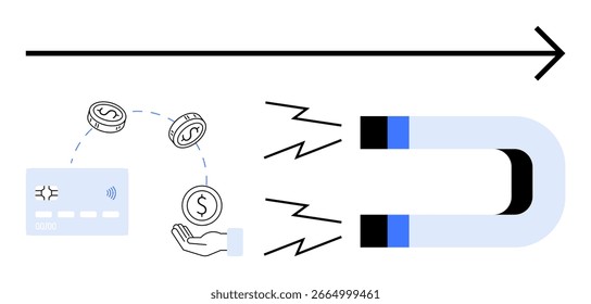 Financial elements including a credit card, hand, and coins being attracted by a magnet with a directional arrow. Ideal for finance, investment, banking, savings, wealth management, marketing