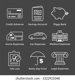 Financial Emergency Fund Icons Home or House, Car or Vehicle Damage, Job Loss or Unemployment, and Hospital or Medical Bills