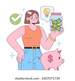 Financial Empowerment concept. Confident woman showcasing saved money in a jar, with a piggy bank and lightbulb idea, indicating smart savings and investment. Flat vector illustration