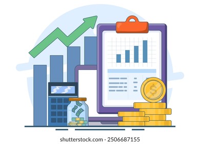 concepto de empoderamiento financiero. Conjunto de Ilustración vectorial abstracta de educación financiera. Habilidades presupuestarias, metáfora del conocimiento de inversión. Ilustración vectorial plana sobre fondo.