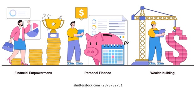Financial empowerment, personal finance, wealth building concept with character. Financial literacy abstract vector illustration set. Wealth accumulation, financial independence metaphor.