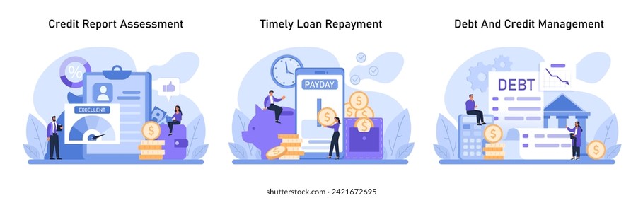 Financial Empowerment Series. Mastering creditworthiness with diligent credit report assessment, ensuring timely loan repayments, and strategic debt and credit management. Flat vector illustration