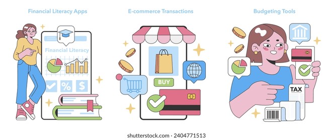 Financial Empowerment Tools set. Illustrates financial literacy apps, e-commerce transactions, and budgeting tools. Enhancing fiscal understanding. Flat vector illustration.