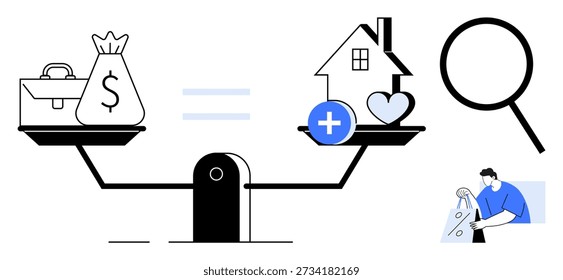 Financial equality, resource distribution, societal balance, priorities, healthcare needs, magnification. Scale balancing money bag and home with symbols of health. Financial equality and resource