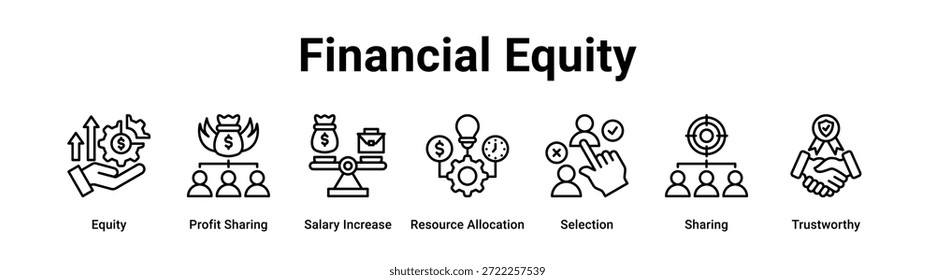 Web-Banner von Financial Equity-Symbol, Vektorgrafik-Konzept für Unternehmen mit Symbol für Eigenkapital, Gewinnbeteiligung, Gehaltserhöhung, Ressourcenzuweisung, Auswahl.