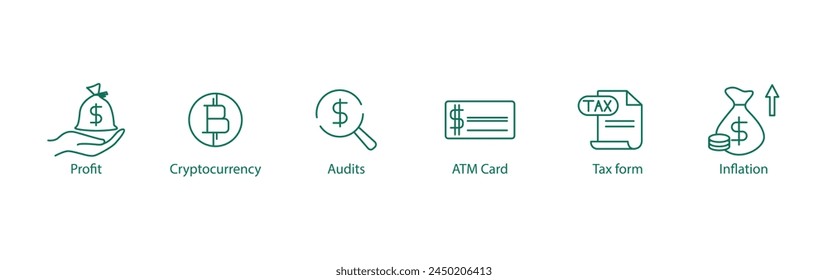 Financial Essentials Icons: Vector Illustrations Representing Profit, Audits, ATM Card, Tax Form, and Inflation