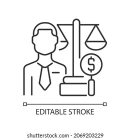 Icono lineal del examinador financiero. Experto en exámenes financieros centrados en el riesgo. Experto en cumplimiento de la ley. Ilustración personalizable de línea delgada. Símbolo de contorno. Dibujo de contorno aislado del vector. Trazo editable