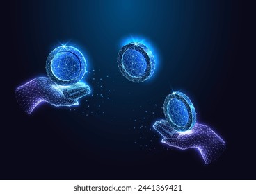 El concepto futurista de intercambio financiero con monedas fluyen entre manos, simbolizando transacciones digitales fluidas en la economía en evolución. Estilo brillante sobre fondo azul oscuro. Ilustración vectorial.