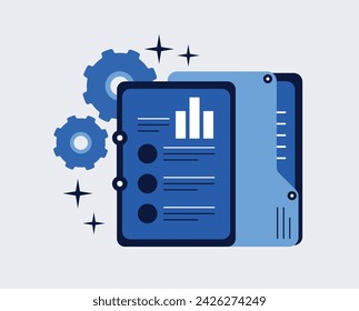 Financial expert or advisor, corporate strategy, and business training. Vector illustration depicts a file folder with mechanical gears.