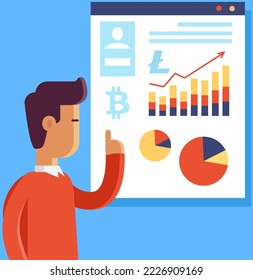 Experto financiero analizando la información de bitcoin. Monitor informático con tasas de crecimiento criptodivisa. Información de verificación de caracteres masculinos. Análisis de datos en el diagrama. Indicador de actividad mostrado en el gráfico estadístico