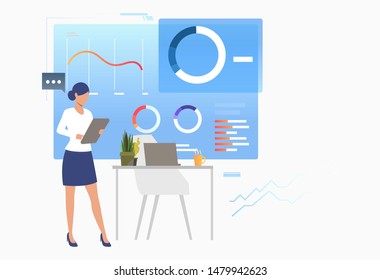 Financial expert analyzing business data diagrams. Consulting, analytics, analysis concept. Vector illustration can be used for topics like business, finance, statistics