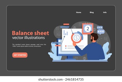 Financial expert analyzing a detailed balance sheet. Man magnifies key data points on a digital screen, ensuring accurate fiscal health assessment. Flat vector illustration.