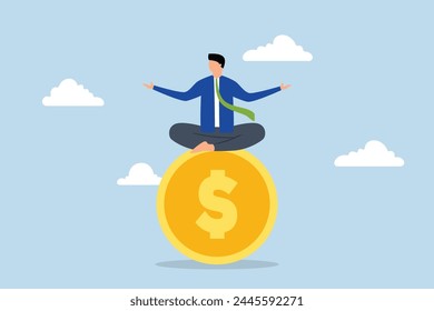 Financial expert, businessman meditating and floating on large gold coin dollar.