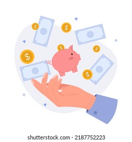Financial expert concept with hand throwing up a piggy bank, coins, paper money. Financial management, tax payment, reporting. Vector flat illustration.