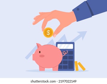 El concepto de experto financiero con la mano de los hombres pone moneda en el banco de cerdos. Gestión financiera, pago de impuestos, presentación de informes. Ilustración plana vectorial, página de aterrizaje.