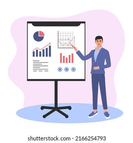 Financial expert giving a presentation. Business man with pen standing at the blackboard with graphs, curves and infographics. Accounting consulting, financial management, reporting, taxes, analytics