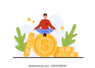 Financial expert, money guru shares success of wealth strategy. Tiny man sitting on golden dollar coin in peace meditation, balance between investment, payment and earnings cartoon vector illustration