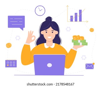 Financial expert. Smiling woman with laptop holding money in hand, business icons on background. Successful financial consultant and businessman. Concept of business and finance. Vector