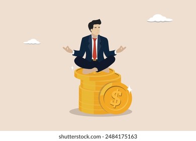 Financial expert, wealth management, money and investment advisor concept, smart businessman meditating and floating on big gold money dollar coin.