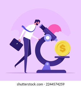 Financial experts. Providing financial or investment advice. Wealth Management, financial analysis. A businessman uses a microscope to shine a dollar coin