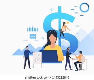 Financial experts working in office. Presentation, consulting service, support. Financial audit concept. Vector illustration can be used for topics like startup, marketing research, analytics