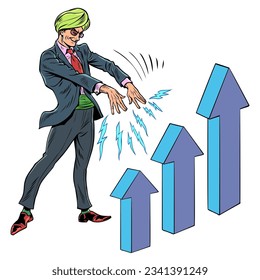 Financial fakir magician magician swindlers and sorcerers. Manipulations with stocks and investments. A man in a turban and a suit affects the growth of the graph. Pop Art Retro Vector Illustration