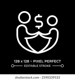 Financial family support pixel perfect white linear icon for dark theme. Economic stability, sustainability. Money budget, fund. Thin line illustration. Isolated symbol for night mode. Editable stroke