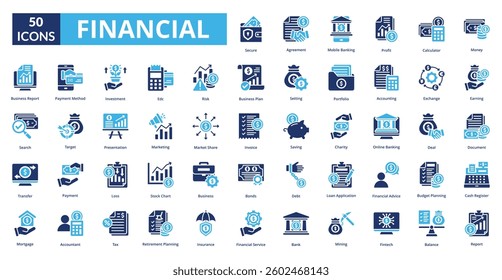 Financial fill icon collection set. Includes icon accountant, balance, business, bank, investment, invoice, payment, fintech, stock chart