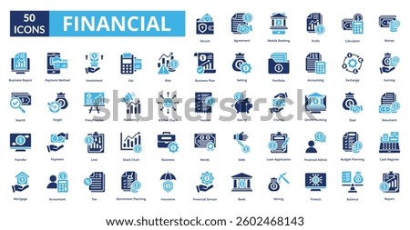 Financial fill icon collection set. Includes icon accountant, balance, business, bank, investment, invoice, payment, fintech, stock chart