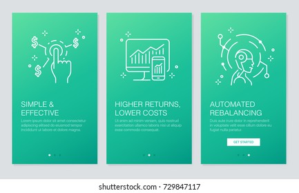 Financial And Fintech Concept Onboarding App Screens. Modern And Simplified Vector Illustration Walkthrough Screens Template For Mobile Apps.