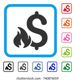 Financial Fire icon. Flat gray iconic symbol inside a light blue rounded squared frame. Black, gray, green, blue, red, orange color variants of Financial Fire vector. Designed for web and software UI.
