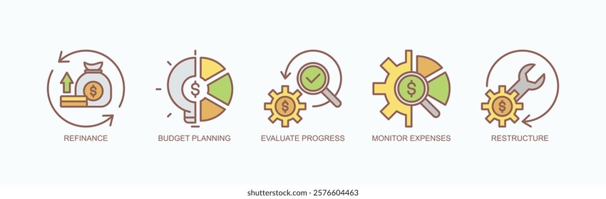 Financial Flow Icon Set Isolated Vector With Icon Of Refinance, Budget Planning, Evaluate Progress, Monitor Expenses, Restructure In Outline Color Style