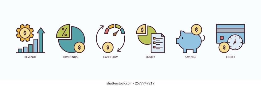 Financial Flow Icon Set Isolated Vector With Icon Of Revenue, Dividends, Cashflow, Equity, Savings, Credit In Outline Color Style