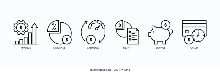 Financial Flow Icon Set Isolated Vector With Icon Of Revenue, Dividends, Cashflow, Equity, Savings, Credit In Outline Style