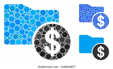 Financial folder composition of circle elements in different sizes and color tinges, based on financial folder icon. Vector round elements are grouped into blue mosaic.