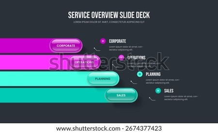 Financial Forecast Slide Template Vector Illustration. Market Performance 4 Step Infographic Frame Layout. Business Briefing Four Option Diagram Presentation Design.