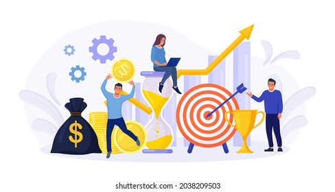 Financial Forecast. Tiny Economics Persons, Freelancer, Employee or Manager Making Investing Plans. Money Growth Prediction and Progress Report.  Return on Investment. Income Growth, Profit Earnings