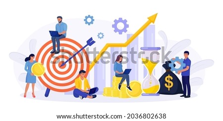 Financial Forecast. Tiny Economics Persons, Freelancer, Employee or Manager Making Investing Plans. Money Growth Prediction and Progress Report.  Return on Investment. Income Growth, Profit Earnings