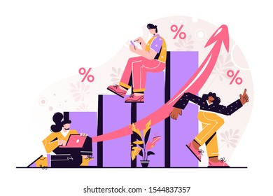 Financial forecast vector illustration. Flat tiny economical persons concept. Money growth prediction and progress report. Symbolic company sales improvement statistics calculation and measurement.
