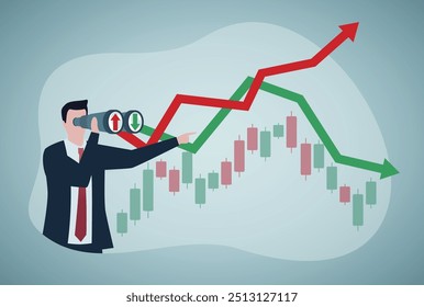 Financial forecast, vision for stock market investment return, make profit opportunity, discover economic recover, businessman financial professional look through binocular to see graph and chart.