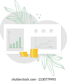 Financial forecasting. Analysis, business concept, histogram, diagram on the monitor with a stack of gold coins. Modern design flat style icon