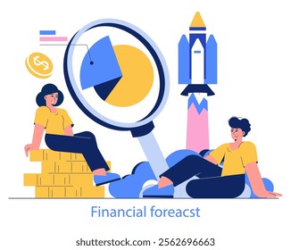 Financial Forecasting concept. Analysts observe market trends through a magnifying glass, predicting economic growth. Investment analysis, strategic planning. Vector illustration.