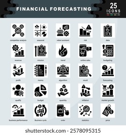 Financial Forecasting icon set containing competitor analysis, seasonal, robot assistant, risk, data, revenue, mission, trend, online sales, budgeting icon. Simple glyph vector