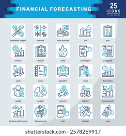 Financial Forecasting icon set containing competitor analysis, seasonal, robot assistant, risk, data, revenue, mission, trend, online sales, budgeting icon. Simple vector illustration