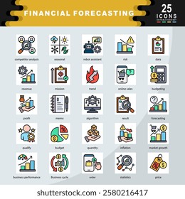 Financial Forecasting icon set containing competitor analysis, seasonal, robot assistant, risk, data, revenue, mission, trend, online sales, budgeting icon. Simple flat line vector