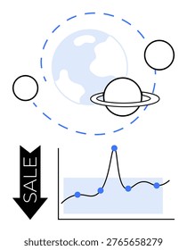 Financial forecasting, outer space, economy decline, business analysis, sales trends, data visualization. Planet with rings in orbit and a graph with downward sales arrow. Economy decline and data